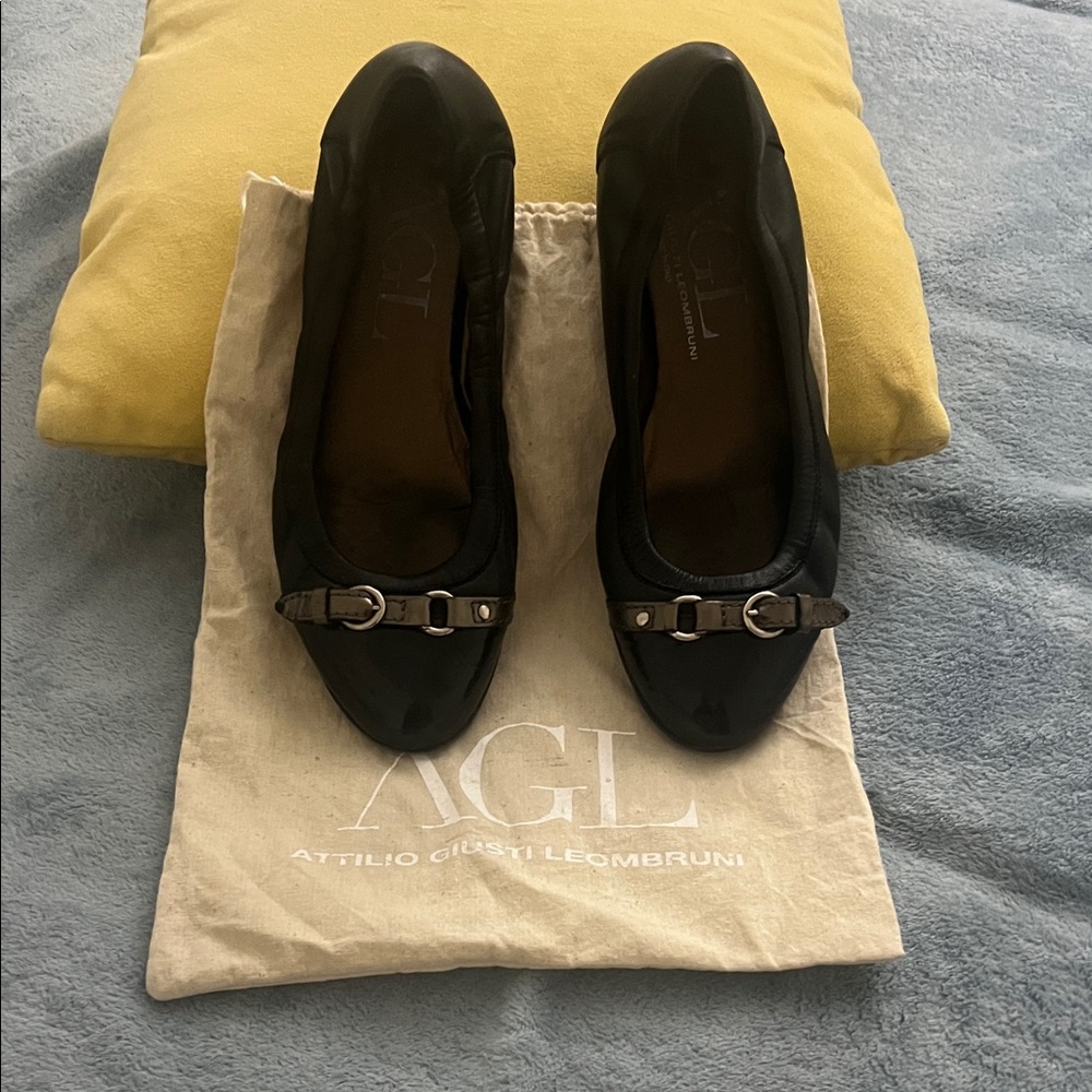 AGL Black Leather Loafers with Silver Buckle